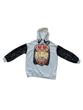 Aikha Sequin/Stones  Lion King Gray Hoodie Long Black Sequins Sleeves Unisex